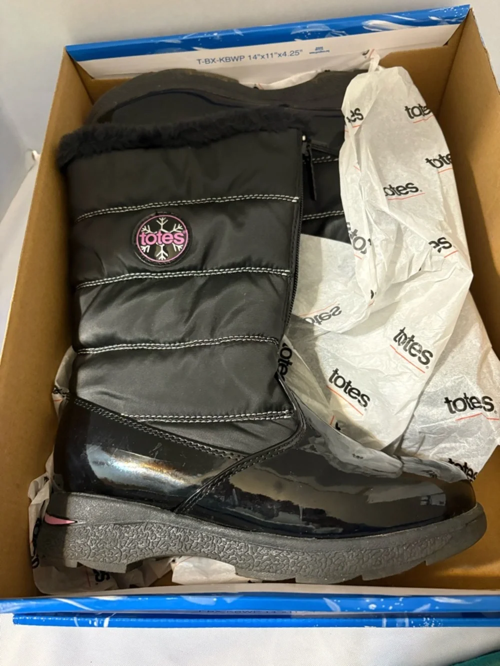 Totes girls SZ 3 black waterproof snow boots zip front closure‎ faux fur collar